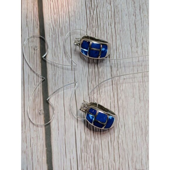Silver Hoop Earrings With Blue Lapis Inlay For Women - Picture 3 of 10